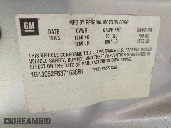 2003 Chevrolet Cavalier with VIN 1G1JC52F537163886, listed as a IAAI auction lot 42410684 with 213,521 mi miles and . Bid and sale history available at DreamBid. Image 9.