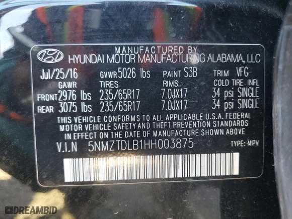 2017 Hyundai Santa Fe Sport 2.4L with VIN 5NMZTDLB1HH003875, listed as a Copart auction lot 48156085 with 136,607 mi miles and Clean Title. Bid and sale history available at carsss.com. Image 12.