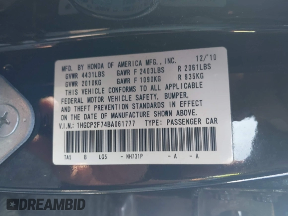 2011 Honda Accord EX с VIN 1HGCP2F74BA061777, выставлен на аукционе IAAI как лот 42195979 с пробегом 212 755 миль миль и . История ставок и продаж доступна на DreamBid. Изображение 9.