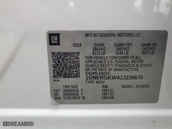 2018 Chevrolet Traverse LT Cloth with VIN 1GNERGKW4JJ236675, listed as a Copart auction lot 52904275 with 100,401 mi miles and Salvage Title. Bid and sale history available at carsss.com. Image 13.