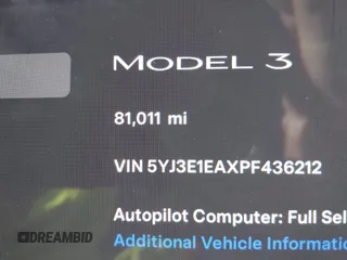 2023 Tesla Model 3 with VIN 5YJ3E1EAXPF436212, listed as a IAAI auction lot 41727400 with 81,011 mi miles and . Bid and sale history available at carsss.com. Image 15.