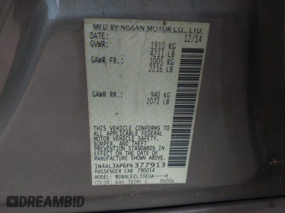 2015 Nissan Altima 2.5 S with VIN 1N4AL3AP6FN377913, listed as a IAAI auction lot 41894288 with 119,718 mi miles. Bid and sale history available at carsss.com. Image 9.