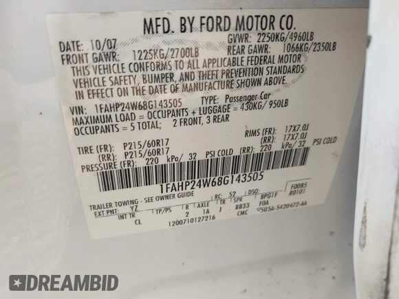 2008 Ford Taurus SEL z VIN 1FAHP24W68G143505, wystawiony jako IAAI lot #41932592 z przebiegiem 238 542 mil mil oraz . Historia ofert i sprzedaży dostępna na DreamBid. Obrazek 9.