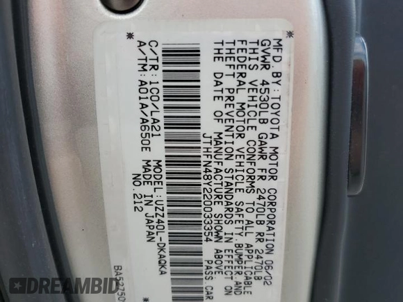 2002 Lexus SC 430 с VIN JTHFN48Y220033354, выставлен на аукционе Copart как лот 57753905 с пробегом 179 099 миль миль и Списание • Salvage title. История ставок и продаж доступна на DreamBid. Изображение 12.