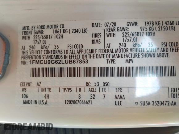 2020 Ford Escape SE with VIN 1FMCU0G62LUB67853, listed as a IAAI auction lot 41690230 with 51,891 mi miles and . Bid and sale history available at DreamBid. Image 9.
