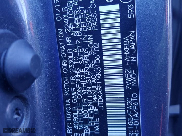 2019 Toyota Prius Prime Plus with VIN JTDKARFPXK3106102, listed as a Copart auction lot 42212735 with NaN miles and Salvage Title. Bid and sale history available at carsss.com. Image 12.