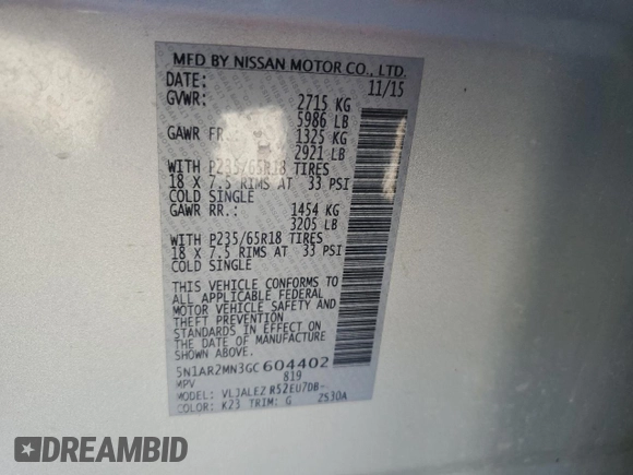 2016 Nissan Pathfinder SL with VIN 5N1AR2MN3GC604402, listed as a Copart auction lot 47664835 with 184,879 mi miles and Clean title. Bid and sale history available at DreamBid. Image 13.