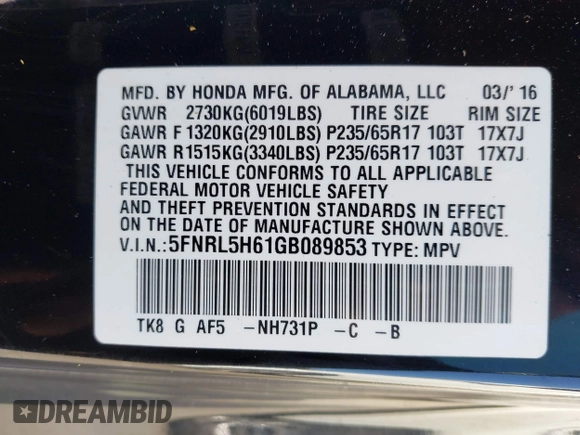 2016 Honda Odyssey EX-L with VIN 5FNRL5H61GB089853, listed as a IAAI auction lot 42019081 with 81,317 mi miles and . Bid and sale history available at DreamBid. Image 9.