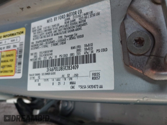 2014 Ford Fusion SE Hybrid with VIN 3FA6P0LU8ER283409, listed as a IAAI auction lot 40984629 with 206,605 mi miles. Bid and sale history available at carsss.com. Image 9.
