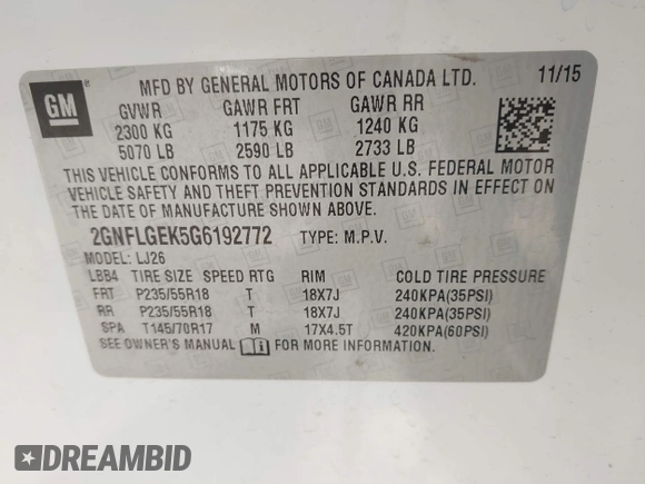2016 Chevrolet Equinox LTZ with VIN 2GNFLGEK5G6192772, listed as a IAAI auction lot 41797023 with 97,882 mi miles. Bid and sale history available at carsss.com. Image 9.