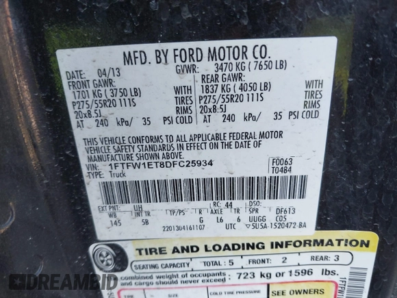 2013 Ford F-150 XL с VIN 1FTFW1ET8DFC25934, выставлен на аукционе IAAI как лот 41631942 с пробегом 136 311 миль миль и . История ставок и продаж доступна на DreamBid. Изображение 9.