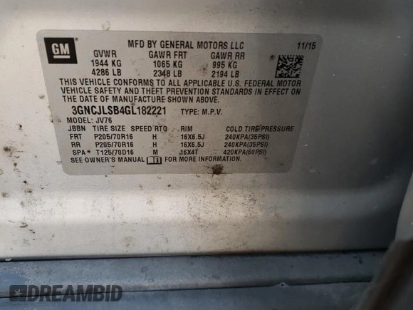 2016 Chevrolet Trax LT with VIN 3GNCJLSB4GL182221, listed as a Copart auction lot 80256694 with 147,789 mi miles and Salvage Title. Bid and sale history available at DreamBid. Image 13.