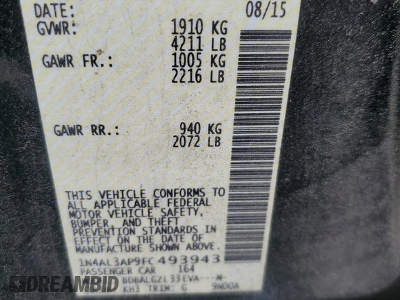 2015 Nissan Altima S with VIN 1N4AL3AP9FC493943, listed as a Copart auction lot 52310835 with 126,569 mi miles and Salvage Title. Bid and sale history available at DreamBid. Image 12.