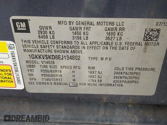 2014 GMC Acadia SLT z VIN 1GKKVSKD8EJ134802, wystawiony jako IAAI lot #42438344 z przebiegiem 162 353 mil mil oraz . Historia ofert i sprzedaży dostępna na DreamBid. Obrazek 9.