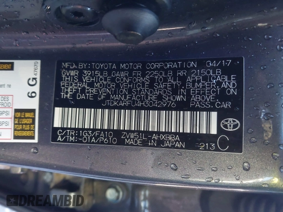 2017 Toyota Prius Two z VIN JTDKARFU4H3042976, wystawiony jako IAAI lot #41740418 z przebiegiem 66 734 mil mil oraz . Historia ofert i sprzedaży dostępna na DreamBid. Obrazek 9.
