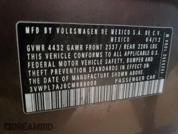 2012 Volkswagen Jetta TDI w/Sunroof & Nav with VIN 3VWPL7AJ6CM688008, listed as a Copart auction lot 43405655 with 148,939 mi miles and Clean title. Bid and sale history available at DreamBid. Image 12.