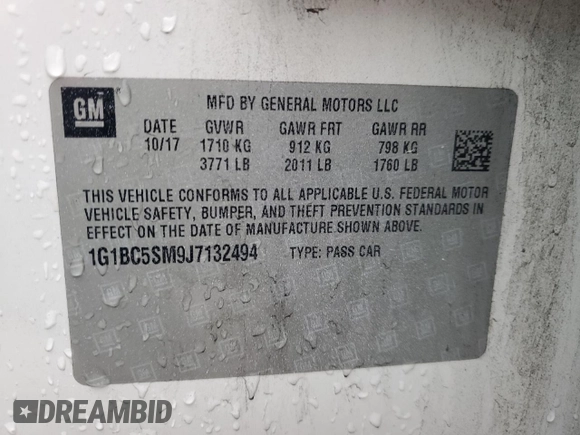 2018 Chevrolet Cruze LS with VIN 1G1BC5SM9J7132494, listed as a Copart auction lot 50575775 with 112,737 mi miles and Salvage Title. Bid and sale history available at DreamBid. Image 12.
