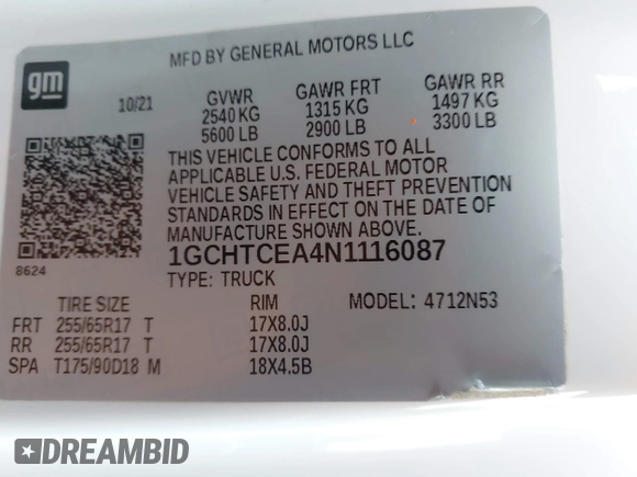 2022 Chevrolet Colorado 4WD LT with VIN 1GCHTCEA4N1116087, listed as a IAAI auction lot 42149639 with 100,544 mi miles and . Bid and sale history available at DreamBid. Image 9.