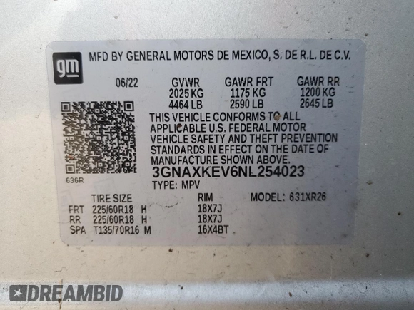 2022 Chevrolet Equinox LT with VIN 3GNAXKEV6NL254023, listed as a Copart auction lot 47065855 with 72,442 mi miles and Salvage Title. Bid and sale history available at DreamBid. Image 14.
