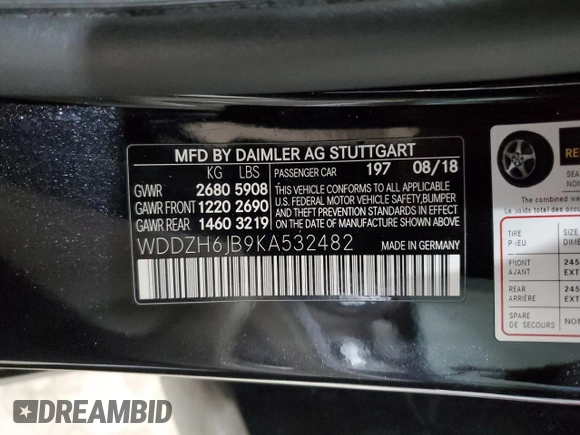 2019 Mercedes-Benz E 450 with VIN WDDZH6JB9KA532482, listed as a Copart auction lot 89017175 with 57,875 mi miles and Salvage Title. Bid and sale history available at DreamBid. Image 12.