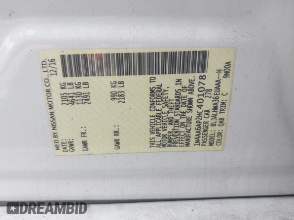 2017 Nissan Maxima S with VIN 1N4AA6AP2HC401078, listed as a IAAI auction lot 42228867 with 140,369 mi miles and . Bid and sale history available at DreamBid. Image 9.