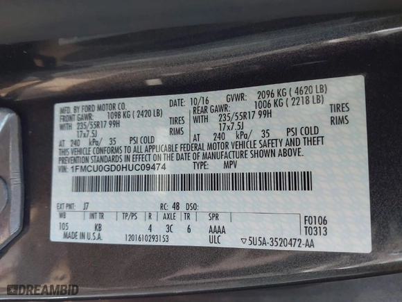 2017 Ford Escape SE with VIN 1FMCU0GD0HUC09474, listed as a IAAI auction lot 41561577 with 69,906 mi miles. Bid and sale history available at carsss.com. Image 9.