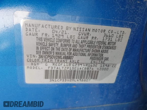 2021 Nissan Kicks SR with VIN 3N1CP5DV2ML498807, listed as a IAAI auction lot 41880588 with 92,794 mi miles and . Bid and sale history available at DreamBid. Image 9.