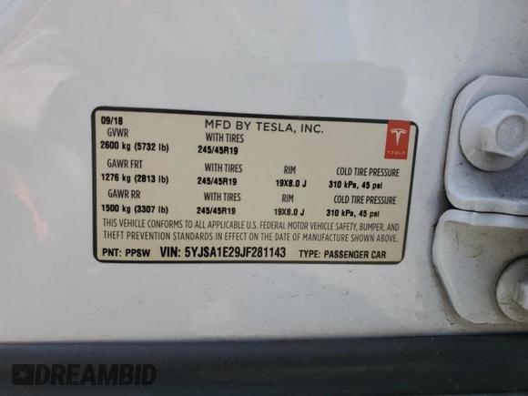 2018 Tesla Model S 75D with VIN 5YJSA1E29JF281143, listed as a Copart auction lot 54208145 with 132,722 mi miles and Salvage title. Bid and sale history available at DreamBid. Image 12.