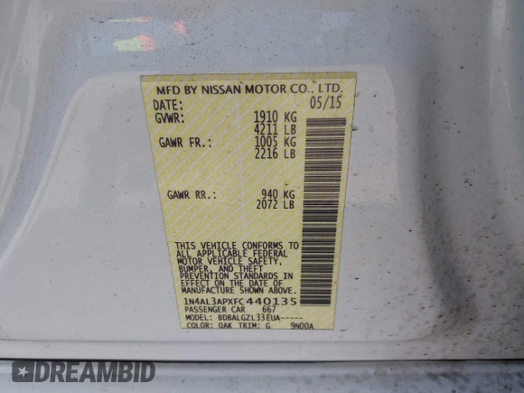 2015 Nissan Altima SL z VIN 1N4AL3APXFC440135, wystawiony jako IAAI lot #42129303 z przebiegiem 121 889 mil mil oraz . Historia ofert i sprzedaży dostępna na DreamBid. Obrazek 9.