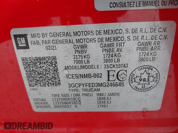 2021 Chevrolet Silverado 1500 LT Trail Boss with VIN 3GCPYFED3MG246645, listed as a IAAI auction lot 41695230 with 73,376 mi miles and . Bid and sale history available at DreamBid. Image 9.