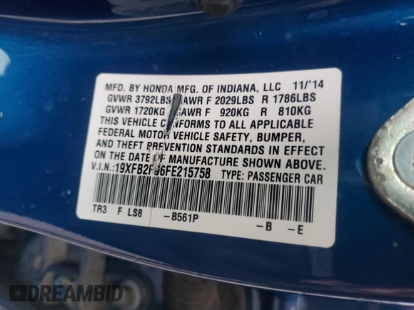 2015 Honda Civic EX-L with VIN 19XFB2F96FE215758, listed as a Copart auction lot 52067865 with 179,062 mi miles and Salvage Title. Bid and sale history available at DreamBid. Image 14.