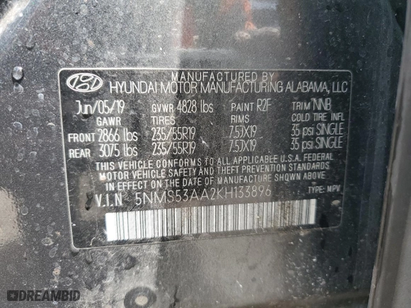 2019 Hyundai Santa Fe Limited with VIN 5NMS53AA2KH133896, listed as a Copart auction lot 51812595 with 122,601 mi miles and Salvage Title. Bid and sale history available at carsss.com. Image 14.