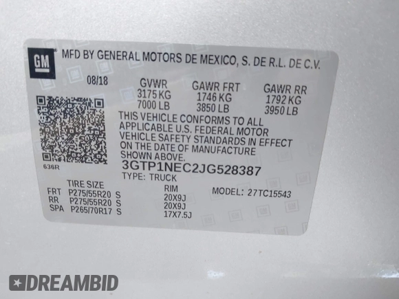 2018 GMC Sierra 1500 SLT with VIN 3GTP1NEC2JG528387, listed as a IAAI auction lot 42598955 with Not provided miles and . Bid and sale history available at DreamBid. Image 9.