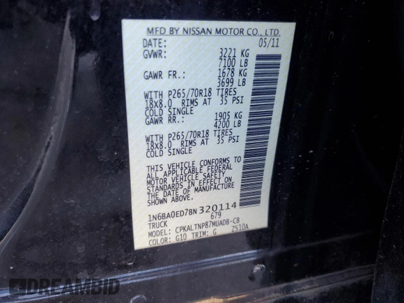 2011 Nissan Titan SV with VIN 1N6BA0ED7BN320114, listed as a Copart auction lot 46926395 with Not Provided miles and Salvage Title. Bid and sale history available at DreamBid. Image 12.