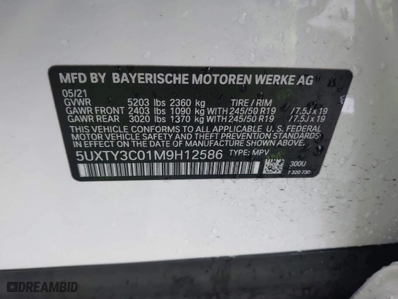 2021 BMW X3 sDrive30i with VIN 5UXTY3C01M9H12586, listed as a IAAI auction lot 41582613 with 44,206 mi miles. Bid and sale history available at carsss.com. Image 9.