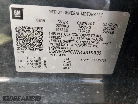 2019 Chevrolet Traverse LT Leather with VIN 1GNEVHKW7KJ319830, listed as a Copart auction lot 72085463 with 54,208 mi miles. Bid and sale history available at carsss.com. Image 13.
