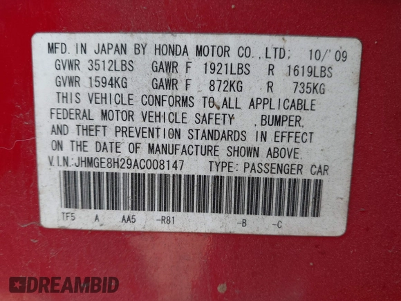2010 Honda Fit with VIN JHMGE8H29AC008147, listed as a IAAI auction lot 42111220 with 267,843 mi miles. Bid and sale history available at carsss.com. Image 9.