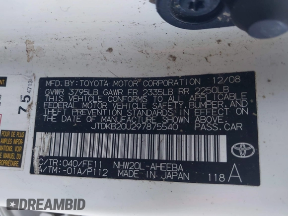 2009 Toyota Prius with VIN JTDKB20U297875540, listed as a IAAI auction lot 41851455 with 183,251 mi miles and . Bid and sale history available at carsss.com. Image 9.