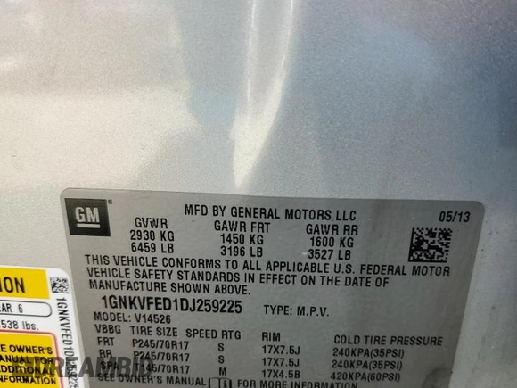 2013 Chevrolet Traverse LS with VIN 1GNKVFED1DJ259225, listed as a Copart auction lot 46888665 with 95,213 mi miles and Salvage Title. Bid and sale history available at DreamBid. Image 14.