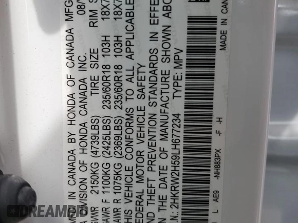 2020 Honda CR-V EX with VIN 2HKRW2H59LH677234, listed as a Copart auction lot 50617935 with 61,447 mi miles and Salvage Title. Bid and sale history available at carsss.com. Image 13.