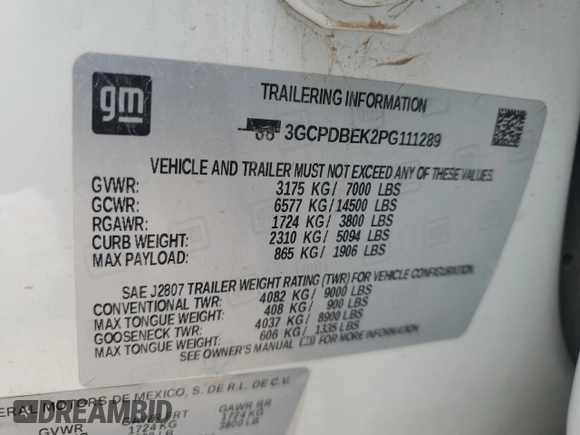 2023 Chevrolet Silverado 1500 Custom with VIN 3GCPDBEK2PG111289, listed as a Copart auction lot 48007395 with Not Provided miles and Non Repairable. Bid and sale history available at DreamBid. Image 12.