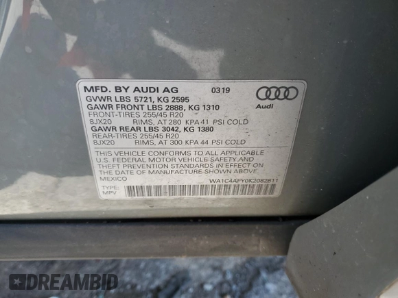 2019 Audi SQ5 Prestige with VIN WA1C4AFY0K2082611, listed as a Copart auction lot 36546133 with 23,037 mi miles. Bid and sale history available at carsss.com. Image 14.