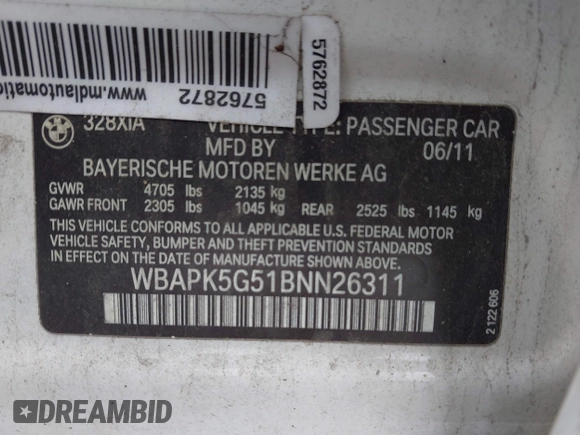 2011 BMW 3 Series 328i xDrive with VIN WBAPK5G51BNN26311, listed as a IAAI auction lot 42437699 with 168,247 mi miles and . Bid and sale history available at DreamBid. Image 9.