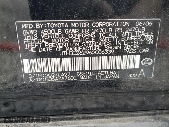 2006 Lexus IS 350 with VIN JTHBE262962006339, listed as a Copart auction lot 49284215 with 183,565 mi miles and Salvage Title. Bid and sale history available at DreamBid. Image 12.