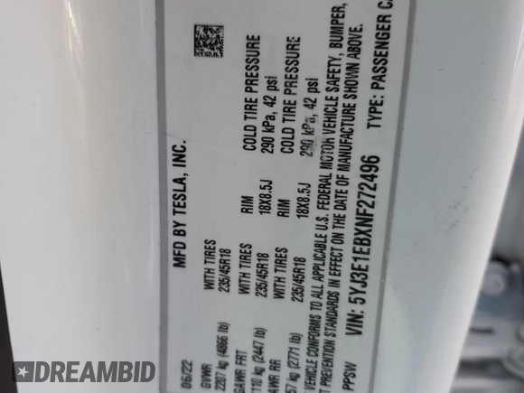 2022 Tesla Model 3 Long Range with VIN 5YJ3E1EBXNF272496, listed as a Copart auction lot 43973435 with 28,450 mi miles and Salvage Title. Bid and sale history available at DreamBid. Image 12.