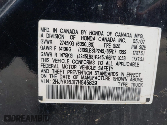 2007 Honda Ridgeline RTX z VIN 2HJYK16317H545839, wystawiony jako IAAI lot #42446190 z przebiegiem 183 600 mil mil oraz . Historia ofert i sprzedaży dostępna na DreamBid. Obrazek 9.