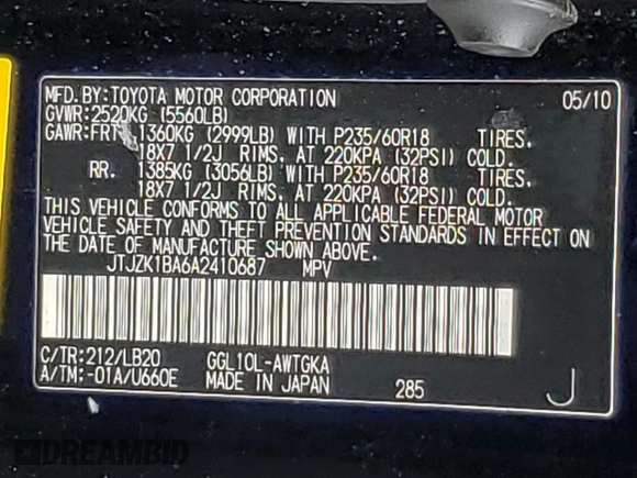 2010 Lexus RX 350 z VIN JTJZK1BA6A2410687, wystawiony jako Copart lot #59636055 z przebiegiem 131 212 mil mil oraz Czysty tytuł • Clean title. Historia ofert i sprzedaży dostępna na DreamBid. Obrazek 13.