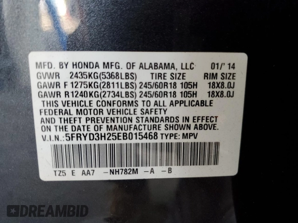 2014 Acura MDX with VIN 5FRYD3H25EB015468, listed as a Copart auction lot 53135115 with 136,477 mi miles and Salvage Title. Bid and sale history available at DreamBid. Image 14.