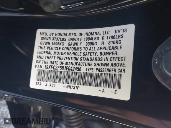 2018 Honda Civic LX with VIN 19XFC2F58JE042456, listed as a IAAI auction lot 41823195 with 45,291 mi miles and . Bid and sale history available at DreamBid. Image 9.