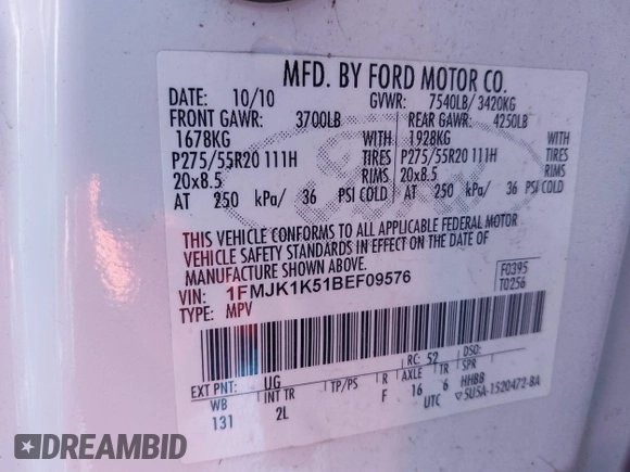 2011 Ford Expedition Max Limited with VIN 1FMJK1K51BEF09576, listed as a IAAI auction lot 41591224 with 270,236 mi miles and . Bid and sale history available at DreamBid. Image 9.